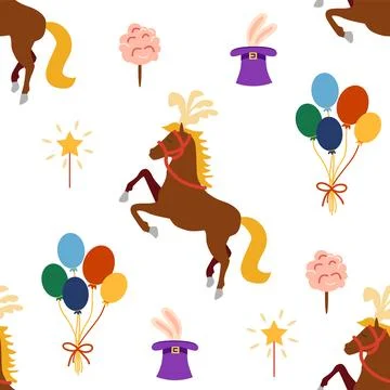 Seamless pattern with CIRCUS theme. Circus characters horse. Cartoon flat sty Stock Illustration