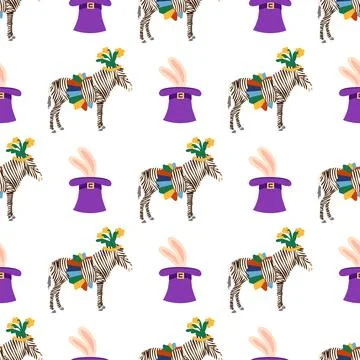 Seamless pattern with a CIRCUS theme. Circus zebra characters. Flat cartoon s Illustrazione stock