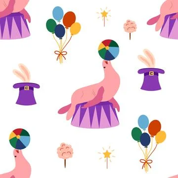 Seamless pattern with a CIRCUS theme. Circus characters, including a seal. Fl Illustrazione stock