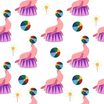 Seamless pattern with a CIRCUS theme. Circus characters, including a seal. Fl Stock Illustration