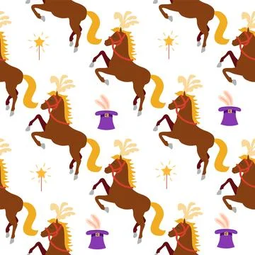 Seamless pattern with CIRCUS theme. Circus characters horse. Cartoon flat sty Stock Illustration