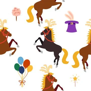 Seamless pattern with CIRCUS theme. Circus characters horse. Cartoon flat sty Stock Illustration
