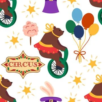 A seamless pattern with a CIRCUS theme. A circus bear character on a bicycle. イラスト素材