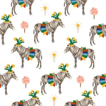 Seamless pattern with a CIRCUS theme. Circus zebra characters. Flat cartoon s Illustrazione stock