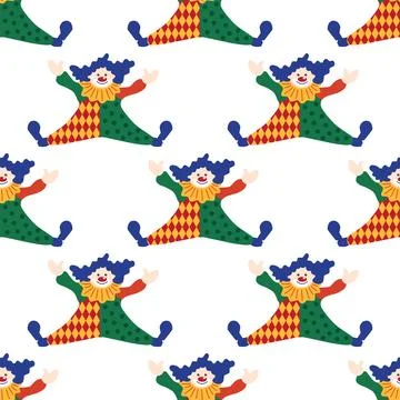 Seamless pattern with a CIRCUS theme. Circus clown character. Flat cartoon st Illustrazione stock