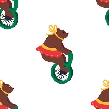 A seamless pattern with a CIRCUS theme. A circus bear character on a bicycle. イラスト素材