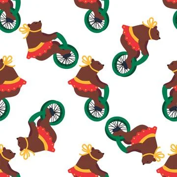 A seamless pattern with a CIRCUS theme. A circus bear character on a bicycle. Stock Illustration