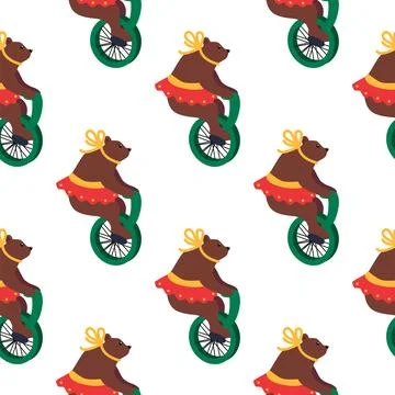 A seamless pattern with a CIRCUS theme. A circus bear character on a bicycle. 스톡 일러스트