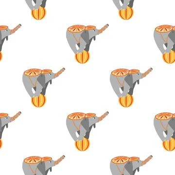 Seamless pattern with a CIRCUS theme. Circus characters, including an elephan Stock Illustration