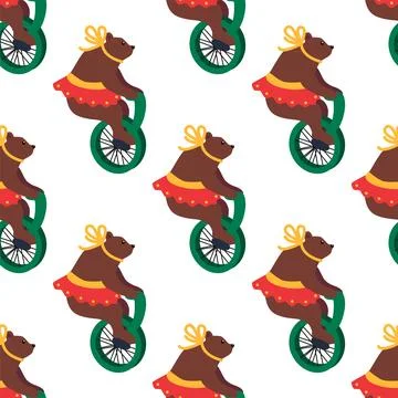 A seamless pattern with a CIRCUS theme. A circus bear character on a bicycle. Stock-Illustration