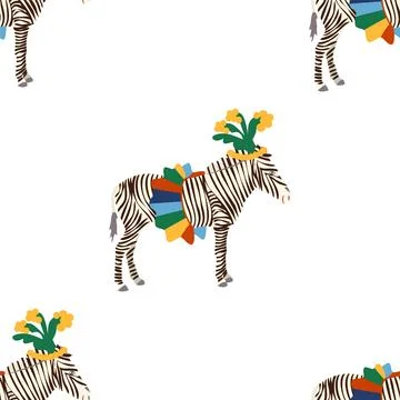Seamless pattern with a CIRCUS theme. Circus zebra characters. Flat cartoon s Stock Illustration
