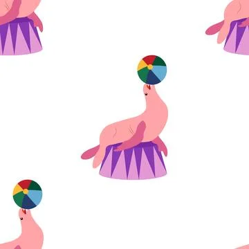 Seamless pattern with a CIRCUS theme. Circus characters, including a seal. Fl Stock Illustration