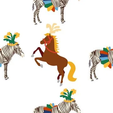 Seamless pattern with a CIRCUS theme. Circus zebra characters. Flat cartoon s Stock Illustration