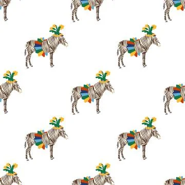 Seamless pattern with a CIRCUS theme. Circus zebra characters. Flat cartoon s Stock Illustration