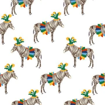 Seamless pattern with a CIRCUS theme. Circus zebra characters. Flat cartoon s Stock Illustration