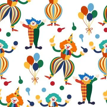 Seamless pattern with CIRCUS theme. Clowns, strongmen, lions, magic hat, hare 스톡 일러스트