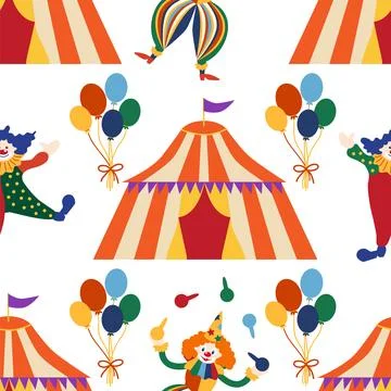 Seamless pattern with CIRCUS theme. Clowns, strongmen, lions, magic hat, hare Stock Illustration