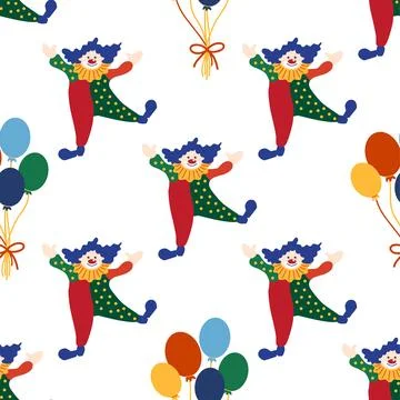 Seamless pattern with CIRCUS theme. Clowns, strongmen, lions, magic hat, hare Illustrazione stock