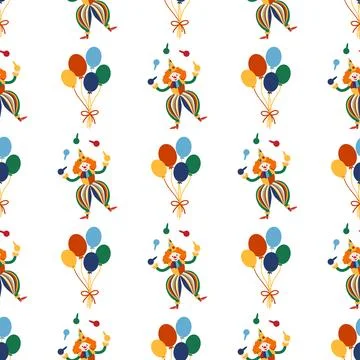 Seamless pattern with CIRCUS theme. Clowns, strongmen, lions, magic hat, hare Stock Illustration