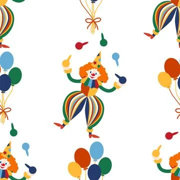 Seamless pattern with CIRCUS theme. Clowns, strongmen, lions, magic hat, hare Stock Illustration