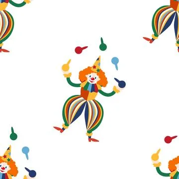 Seamless pattern with CIRCUS theme. Clowns, strongmen, lions, magic hat, hare Stock Illustration