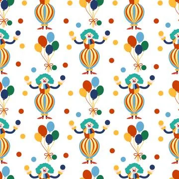 Seamless pattern with CIRCUS theme. Clowns, strongmen, lions, magic hat, ha.. Stock Illustration
