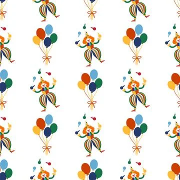 Seamless pattern with CIRCUS theme. Clowns, strongmen, lions, magic hat, hare Stock Illustration