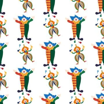 Seamless pattern with CIRCUS theme. Clowns, strongmen, lions, magic hat, hare Illustrazione stock