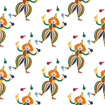 Seamless pattern with CIRCUS theme. Clowns, strongmen, lions, magic hat, hare Stockillustratie