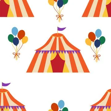 Seamless pattern with CIRCUS theme. Clowns, strongmen, lions, magic hat, hare Stock Illustration