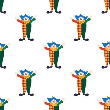 Seamless pattern with CIRCUS theme. Clowns, strongmen, lions, magic hat, hare Stock Illustration