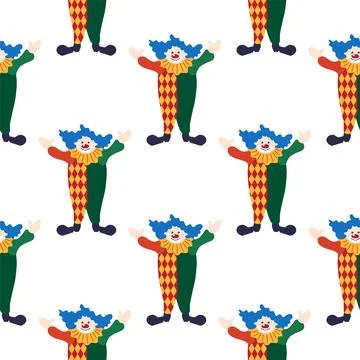 Seamless pattern with CIRCUS theme. Clowns, strongmen, lions, magic hat, hare Stockillustratie