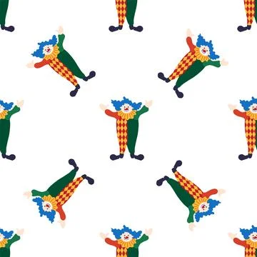 Seamless pattern with CIRCUS theme. Clowns, strongmen, lions, magic hat, hare Stock Illustration