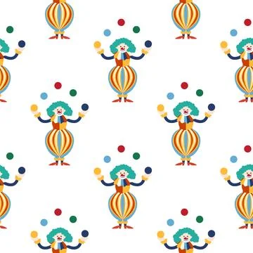 Seamless pattern with CIRCUS theme. Clowns, strongmen, lions, magic hat, ha.. Stock Illustration