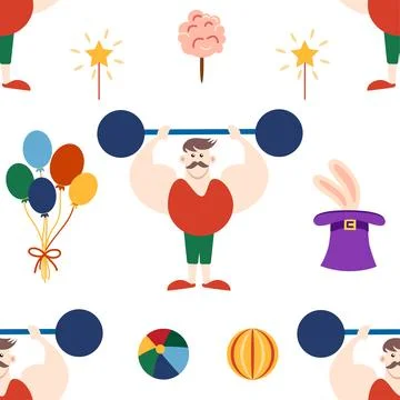 Seamless pattern with CIRCUS theme. Clowns, strongmen, lions, magic hat, hare Stock Illustration