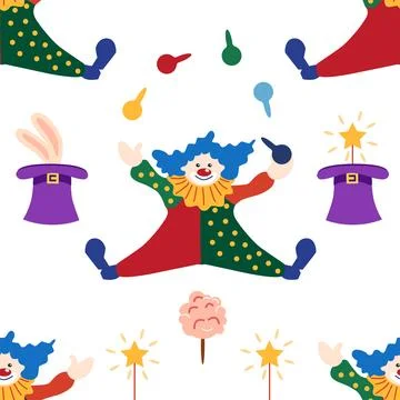 Seamless pattern with CIRCUS theme. Clowns, strongmen, lions, magic hat, hare Illustrazione stock