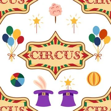 Seamless pattern with CIRCUS theme. Clowns, strongmen, lions, magic hat, ha.. Illustrazione stock