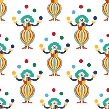 Seamless pattern with CIRCUS theme. Clowns, strongmen, lions, magic hat, ha.. Stock Illustration