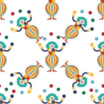 Seamless pattern with CIRCUS theme. Clowns, strongmen, lions, magic hat, ha.. Illustrazione stock