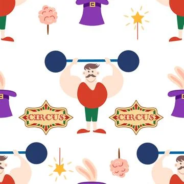 Seamless pattern with CIRCUS theme. Clowns, strongmen, lions, magic hat, ha.. Stock Illustration