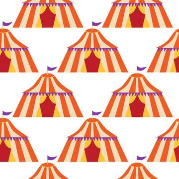 Seamless pattern with CIRCUS theme. Clowns, strongmen, lions, magic hat, hare Stock Illustration