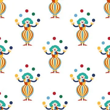 Seamless pattern with CIRCUS theme. Clowns, strongmen, lions, magic hat, ha.. Stock Illustration