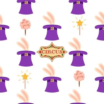 Seamless pattern with CIRCUS theme. Clowns, strongmen, lions, magic hat, hare Stock Illustration