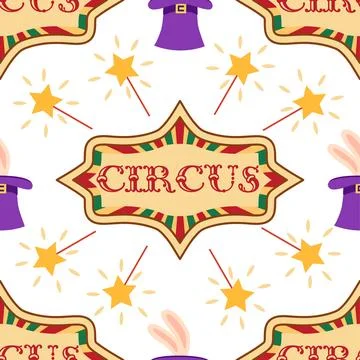 Seamless pattern with CIRCUS theme. Clowns, strongmen, lions, magic hat, ha.. Stock Illustration