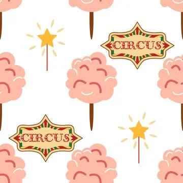 Seamless pattern with CIRCUS theme. Clowns, strongmen, lions, magic hat, hare Stock Illustration