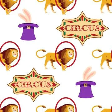 Seamless pattern with CIRCUS theme. Clowns, strongmen, lions, magic hat, ha.. Stock Illustration