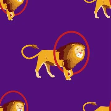 Seamless pattern with CIRCUS theme. Clowns, strongmen, lions, magic hat, hare Stock Illustration