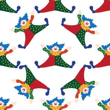 Seamless pattern with CIRCUS theme. Clowns, strongmen, lions, magic hat, hare Stock Illustration