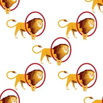 Seamless pattern with CIRCUS theme. Clowns, strongmen, lions, magic hat, ha.. Stockillustratie