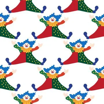 Seamless pattern with CIRCUS theme. Clowns, strongmen, lions, magic hat, hare Stock Illustration